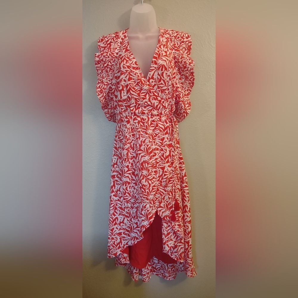 INA Red & White Leaf Print Wrap Midi Dress with Ruffle Sleeves Size Medium